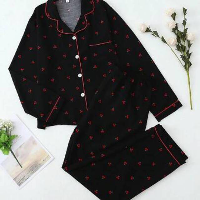 SHEIN Cherry Print Pajamas Set For Women, Sweet & Cute Collared Button Long Sleeve Top & Long Pants, Sleepwear & Loungewear, Autumn/Winter