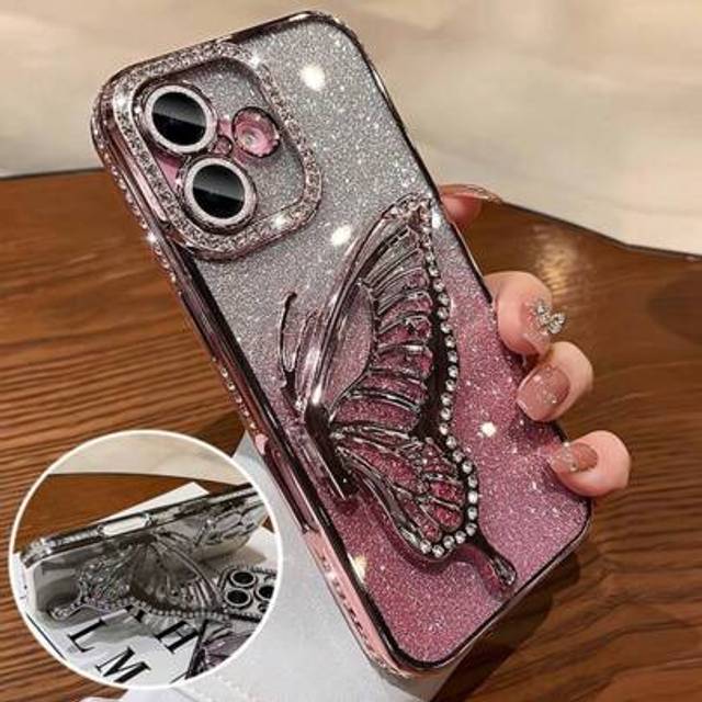 SHEIN Animal New Luxury Bling Dual Line Rhinestone Butterfly Stand Full Coverage Lens Phone Case Compatible With Iphone 16, IPhone 16 Pro Max, IPhone 15, IP