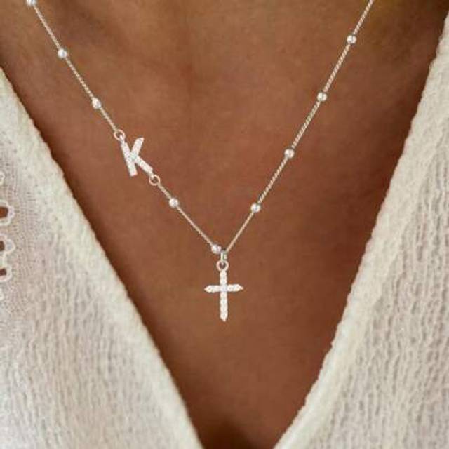SHEIN 1pc New Classic Initial Cross Pendant Silvery Stainless Steel Bead Chain Necklaces For Women