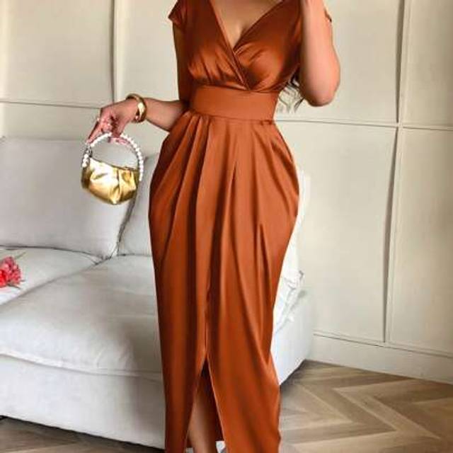SHEIN Amarilo Women&#39;s 25-Year New Style Elegant Party Wedding Day Valentine&#39;s Day Golden V-Neck Pleated Volume Hip Hem Satin Dress