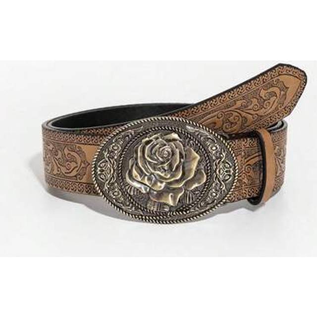 SHEIN 1pc Vintage Brown Dragon Pattern Rose Buckle PU Leather Belt