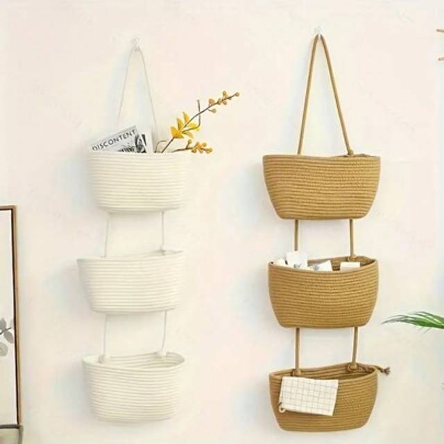 SHEIN 1pc 3-Tier Rope Woven Hanging Storage Baskets - Detachable Decorative Organizers For Living Room, Bathroom, And Bedroom, Over The Door Hanging Basket