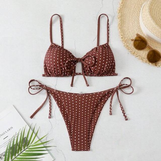 SHEIN 2pcs/Set Polka Dot Print Strappy Front Knot Top And Side Tie Bikini Bottoms Sexy Women Swimwear Set