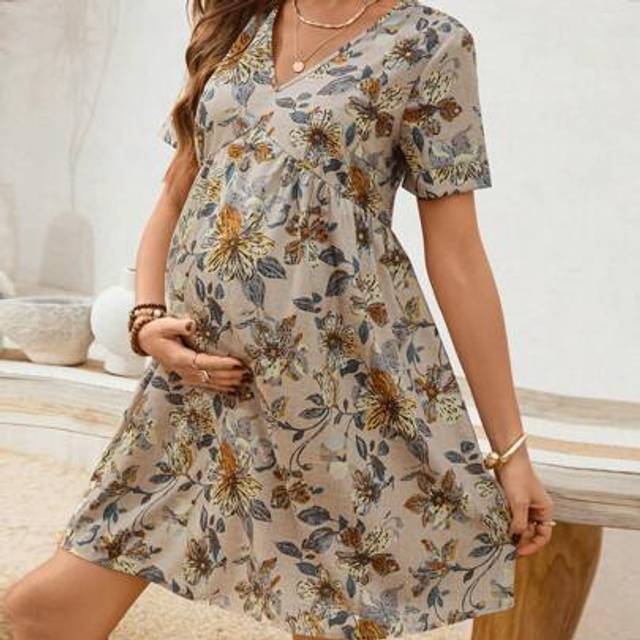 SHEIN Floral Print Maternity V-Neck Short Sleeve Summer Vacation Dress, Boho Dresses For Women Women S Floral Dress