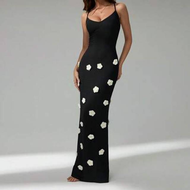 SHEIN Women&#39;s 3D Floral Decor Fitted Maxi Slip Dress,Party Dress