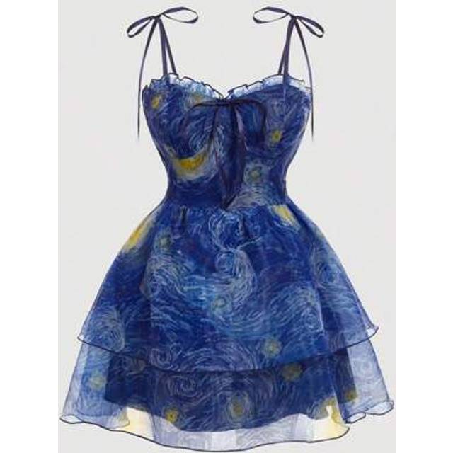 SHEIN Plus Size Vintage Romantic Starry Sky Print Camisole Mini Dress,Van Gogh Oil Painting Art<The Starry Night> Cute Dresses For Women Summer Dresses For