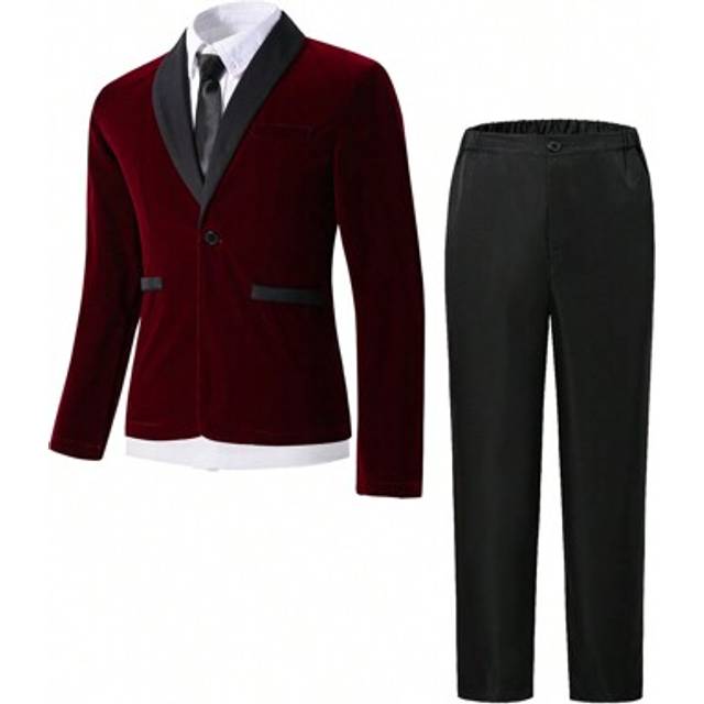 SHEIN 2Pcs Teen Boy Gentleman Set, Colorblock Velvet Lapel Blazer Jacket + Long Pants, Elegant Luxury Formal Suit For Birthday Party, Wedding, Graduation, A