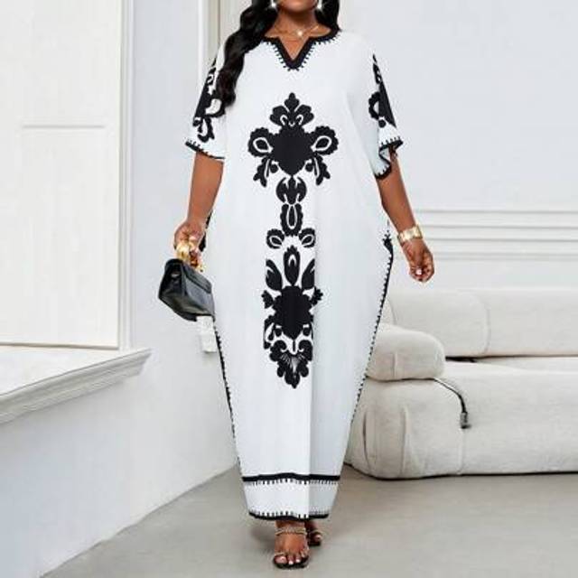 SHEIN Spring, Summer, Autumn And Winter Elegant Black And White Braided Notch Robe Dress Plus Size Dress  Cruise Outfits Women