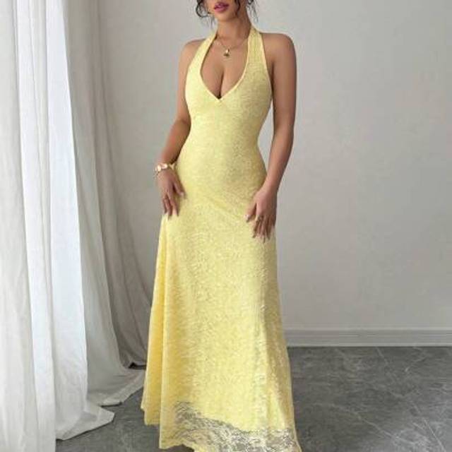 Rafferiza Elegant Bodycon Mock Neck Sleeveless Deep V Lining Full Lace Fabric Light Yellow Dress For Women, Spring/Summer