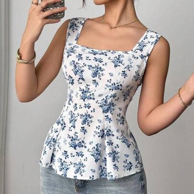 Airlisse Fabric Print Collarless Ruched Tie Waist Sleeveless Women Blouse