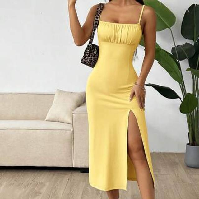 SHEIN Women&#39;s Summer Knitted High-Slit Camisole Dress Summer Dresses For Women,Butter Yellow Dress
