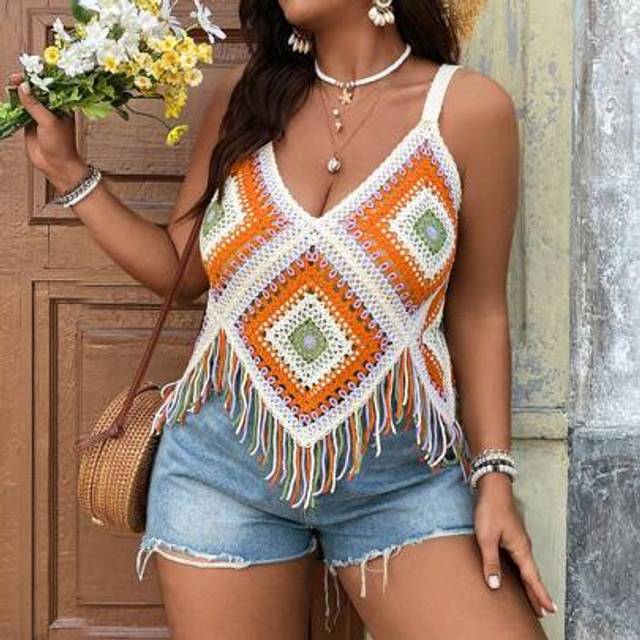 SHEIN Plus Size Multicolor Crochet Knit Loose Sweater, Summer/Holiday Woman S Summer Clothes Women S Summer Shirts Women Summer Clothes Dress Women Summer S