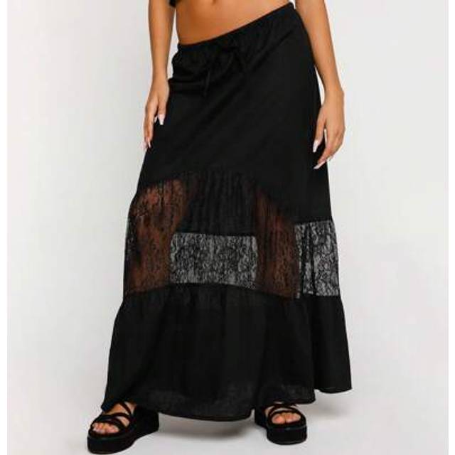 SHEIN Summer Maxi Skirt For Women&#39;s Elastic High Waist Lace Trim Flowy Tiered Long Skirts