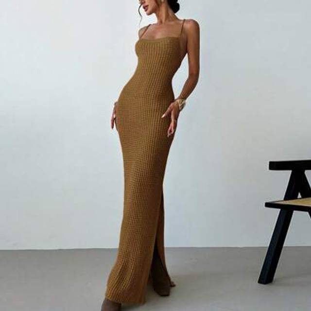Firerie Women&#39;s Elegant Minimalist Fashion Sexy Criss-Cross Back Open Split Bodycon Mid-Length Knit Slip Dress For Everyday Wear