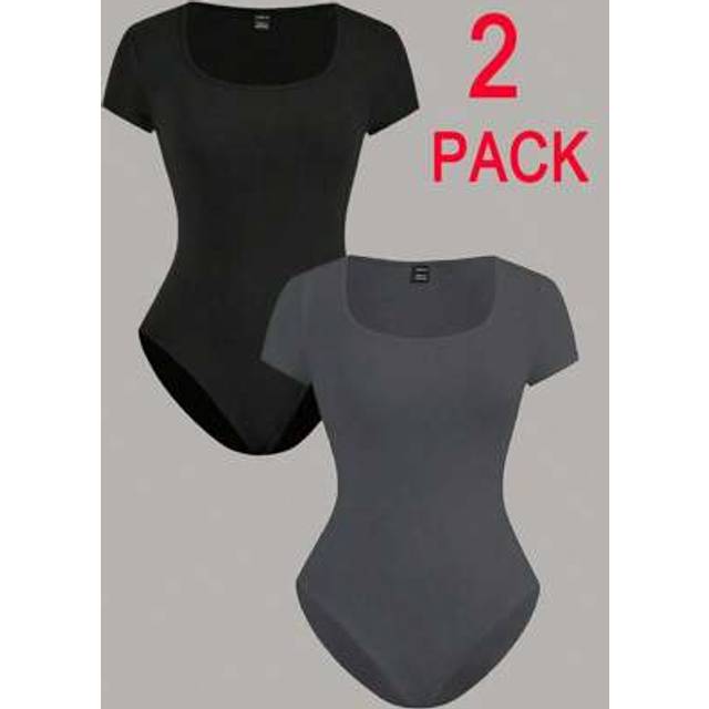 SHEIN 2 Pieces Set Of Plus Size Black And White Short Sleeve Bodysuit