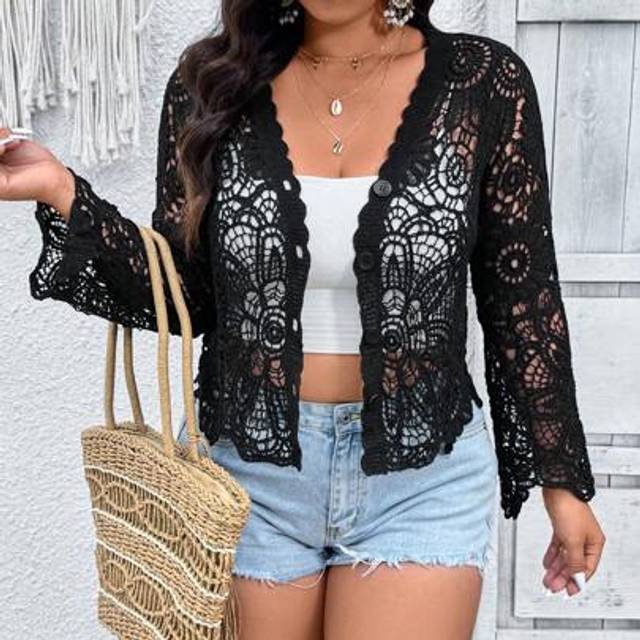 SHEIN Plus Size Casual Solid Color Hollow-Out Knit Cardigan