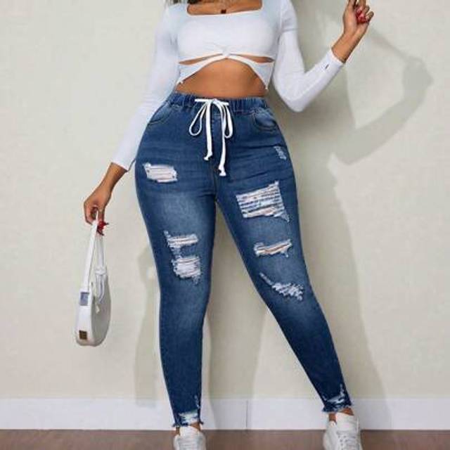 SHEIN Plus Size Elastic Waist Versatile Jeans  Autumn Outfits For Women Festival Outfits  Women Clothing Casual