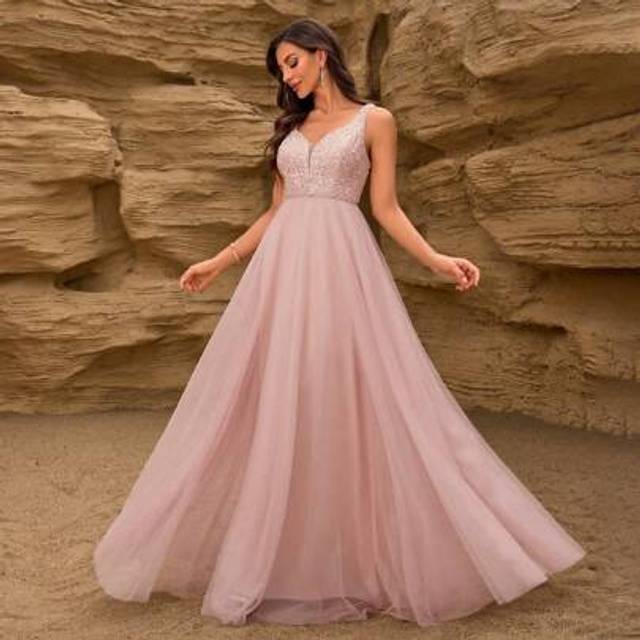 SHEIN Women Elegant V Neck Sequined&Mesh Summer A-Line Prom Dresses ,Evening Dress,Bridesmaid Dresses, Wedding Guest Dress,For Graduation, Dinner, Formal, P