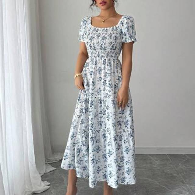 Rafferiza French Style Elegant Puff Sleeve Cinched Waist Slimming Chiffon Dress With Floral Print