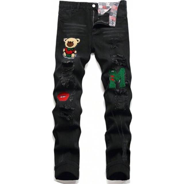 SHEIN Men Cartoon & Letter Patched Detail Ripped Frayed Jeans