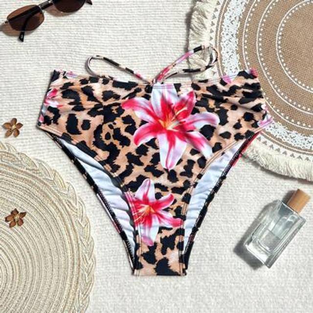 Swim Vcay Spring Break New Leopard Print Drawstring Design Women&#39;s Swimsuit Bottom, Summer Beach Vacation