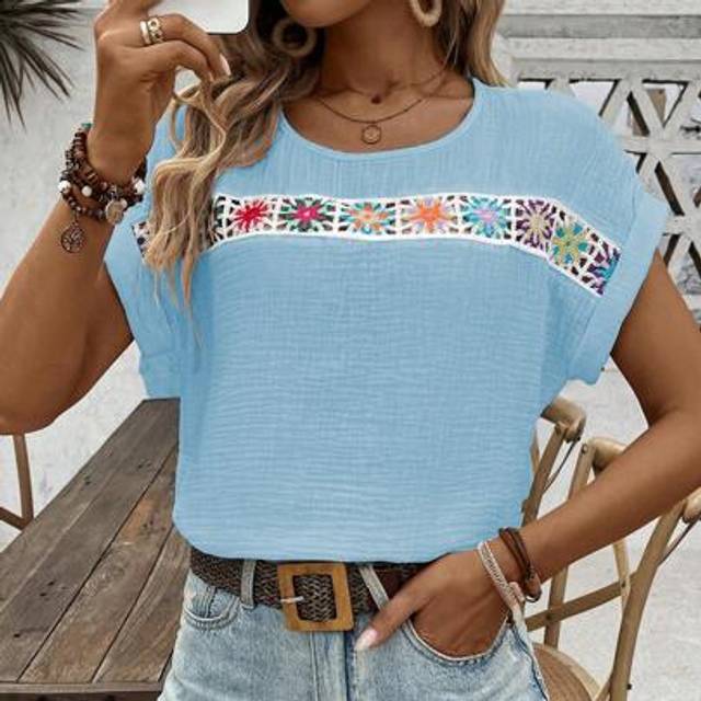 SHEIN Women&#39;s Bohemian Style Patchwork Round Neck Batwing Sleeve Blouse, Suitable For Summer