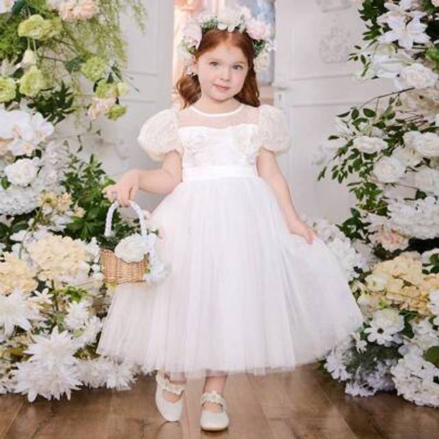 SHEIN Wedding Wedding Guest Pageboy  Flower Girl Birthday Party Wedding Festival Dress Girl Princess Dress Sparkling Flower Embroidered Mesh Bubble Sleeve F