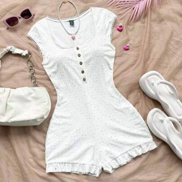Soleia Women Holiday White Knit Elastic Textured Mesh Sleeveless Cropped Cardigan With Button Front And Ruffle Hem Casual Jumpsuit, Suitable For Beach, Cruis
