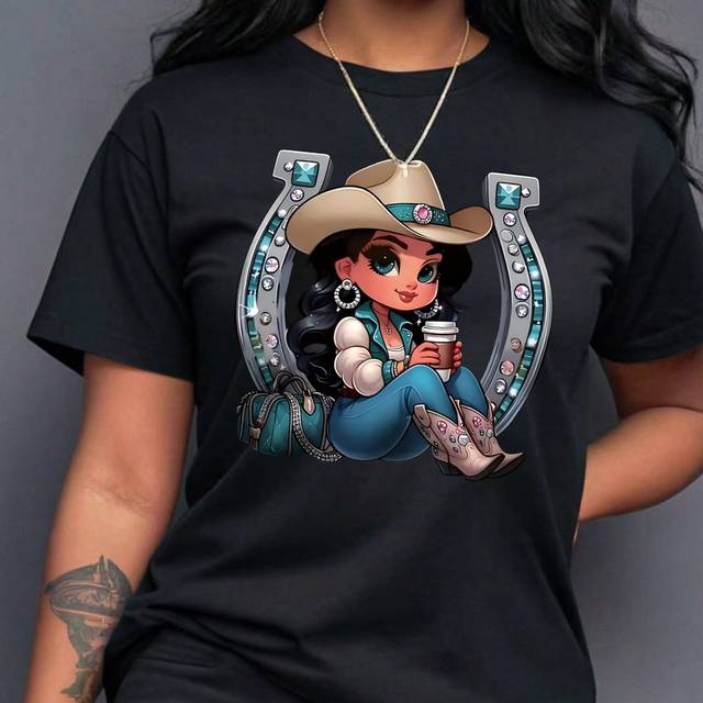 SHEIN U-Shape Letter & Cowgirl Print Round Neck Short Sleeve T-Shirt For Plus Size Graphic Tees Women Tops, For Summer