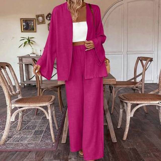 SHEIN 2pcs/Set Women Linen Blend Jacket And Wide Leg Pants Set, Spring/Summer