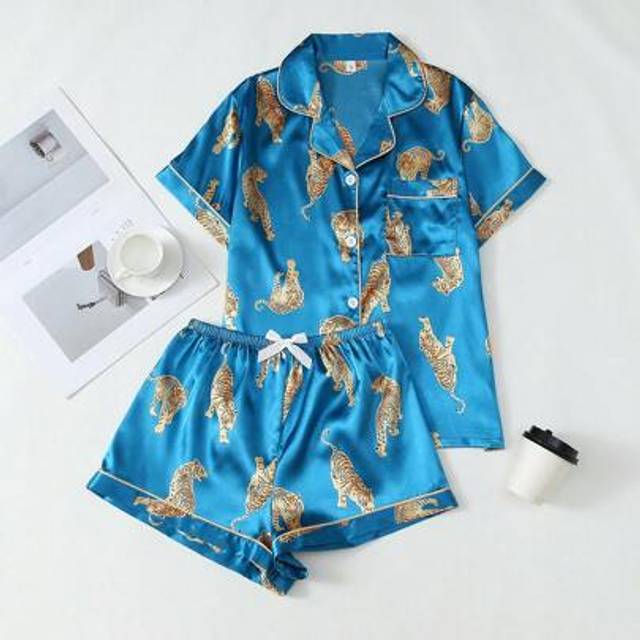 SHEIN 2 Pieces Satin Tiger Printed Short Sleeve Collared Top And Bowknot Shorts Pajama Set, Women Spring/Summer Sleepwear,Two Pieces Set