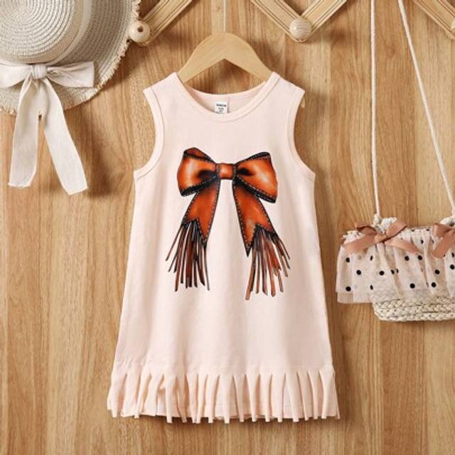 SHEIN Young Girls Casual Western Boots Print Tassel Hem Sleeveless Dress, Fashionable For Outdoor Activities And Everyday Wear, Spring And Summer