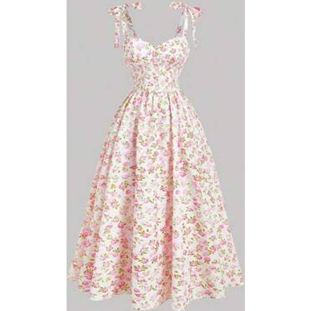 SHEIN Floral Print Strap Tie Up Summer Tea Party Dress For Women, Floral Print Long Dress For Summer,Vacation Dress, Holiday Dress,Country Outfits,Beach Vac