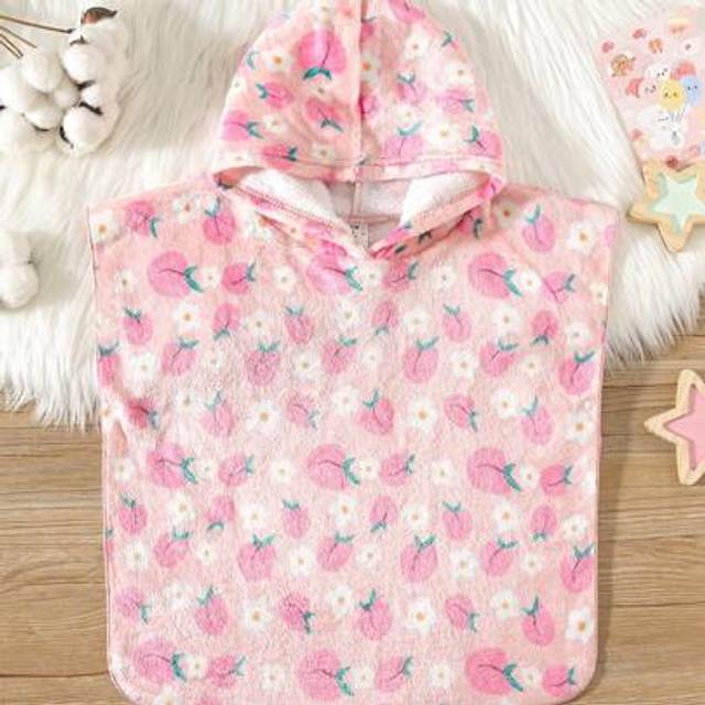 SHEIN Baby Girl Strawberry Pattern Hooded Cozy Flannel Absorbent Robe, Sleepwear, Blanket, Suitable For All Seasons And Scenarios Like Bathroom And Beach, A