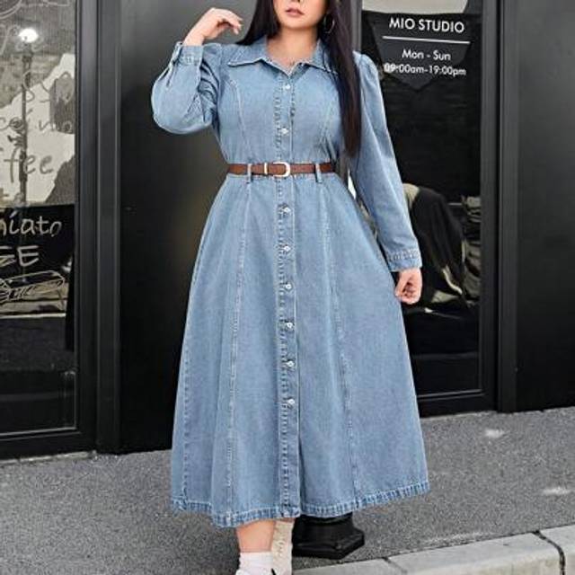 SHEIN Plus Size Casual Washed Snap Front Puff Sleeve Denim Dress