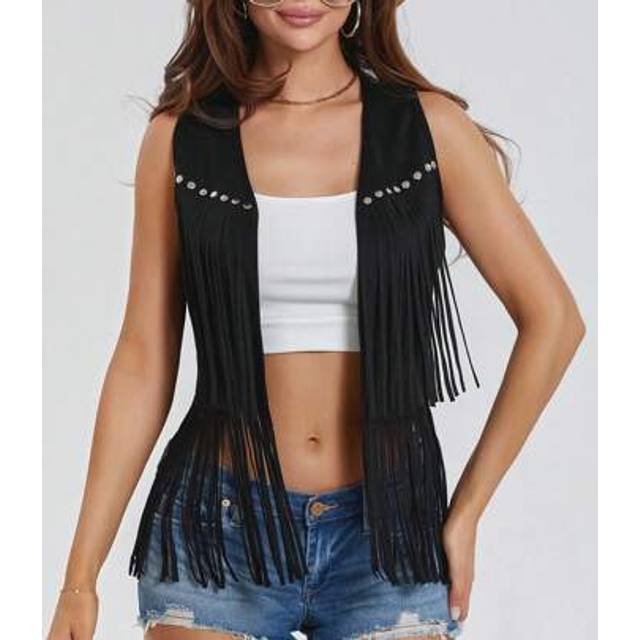 SHEIN Women Hippie Waistcoat Vest Lightweight Solid Color Open Front Sleeveless Jacket With Tassel For Streetwear Outerwear