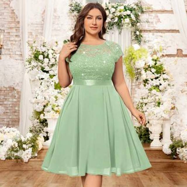 SHEIN Plus Glitter Sequin Lace Contract Pleated Hem Chiffon A-Line Evening Party Swing Dress, Graduation Dress, Prom Semi Formal Dress, For Wedding Guest, B