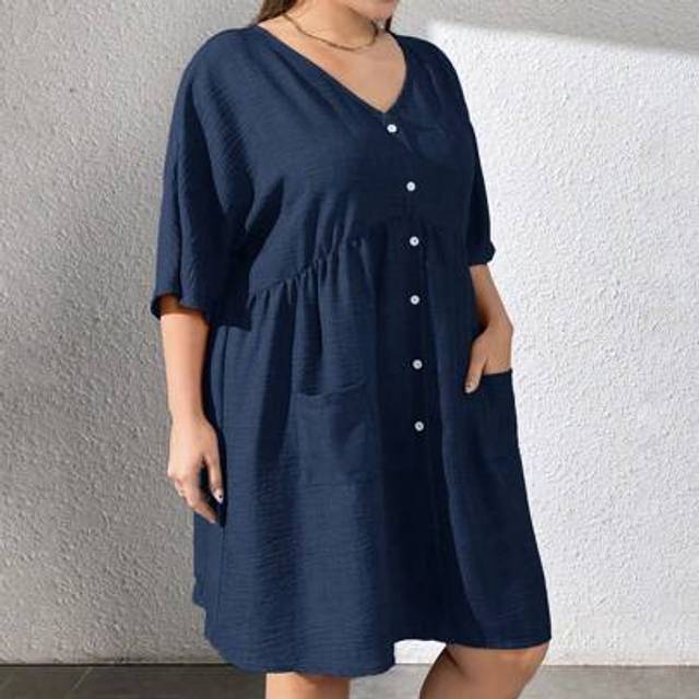 SHEIN Women Plus Size Linen-Feel Blue Casual Vacation Loose Dress,Sun Dresses For Women