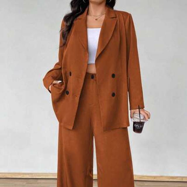 SHEIN Plus Size Elegant Minimalist Suit Set Including Blazer And Trousers, Casual Office Wear, Spring/Summer
