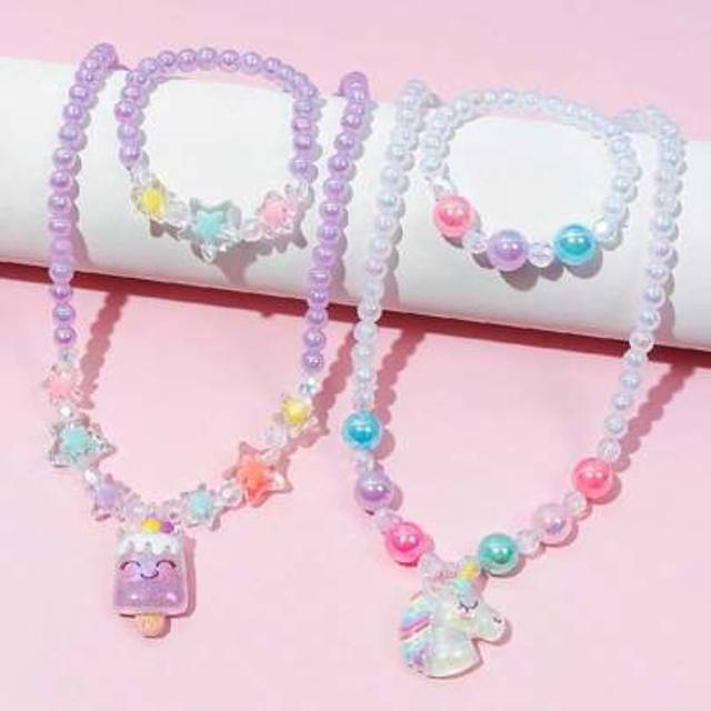SHEIN 2pcs/Set Girls Lovely Unicorn Pendant Necklace & Beaded Bracelet Set, Suitable For Holiday Party Birthday Gift And Daily Wear, Random Color