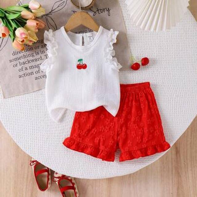SHEIN Young Girl 2pcs Set: Knit Jacquard Cream Lace Trim Vest Top And Red Lace Trim Shorts, Adorable Baby Summer Outfit Girl Summer Clothes Set Girls Summer