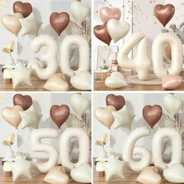 SHEIN 10pcs 32-Inch Cream Color Number 30/40/50/60 Balloon, Beige Brown Heart Shaped Balloon, Suitable For 30th/40th/50th/60th Birthday Wedding Anniversary