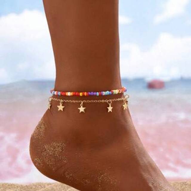 SHEIN 2pcs/Set Beach Vacation Style Pearl Beaded Chain Anklets