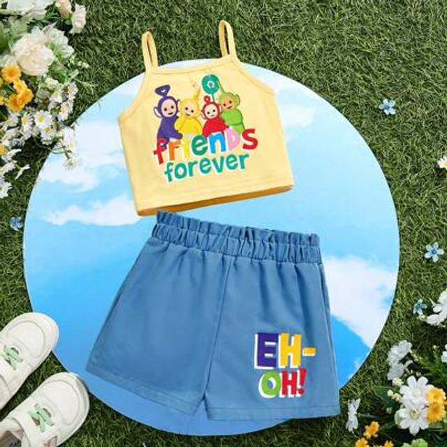 SHEIN Baby Girl Cartoon Print Yellow Adorable Camisole Top And Blue Playful Shorts Set For Spring And Summer