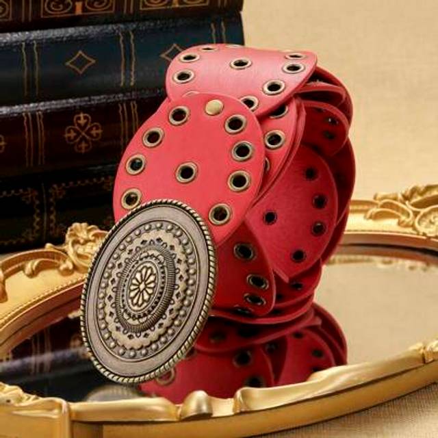 SHEIN 1pc Women&#39;s Red Round Buckle PU Leather Belt, Bohemian Style Floral Pattern, Versatile For Casual, Party, Daily Wear