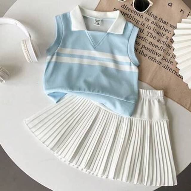 Souflis 2pcs/Set Baby Girl Infant Toddler Spring/Summer New Tennis Sport Elegant Sleeveless Polo Knit Top And Pleated Skirt Set, Grey/White, 0-3 Years