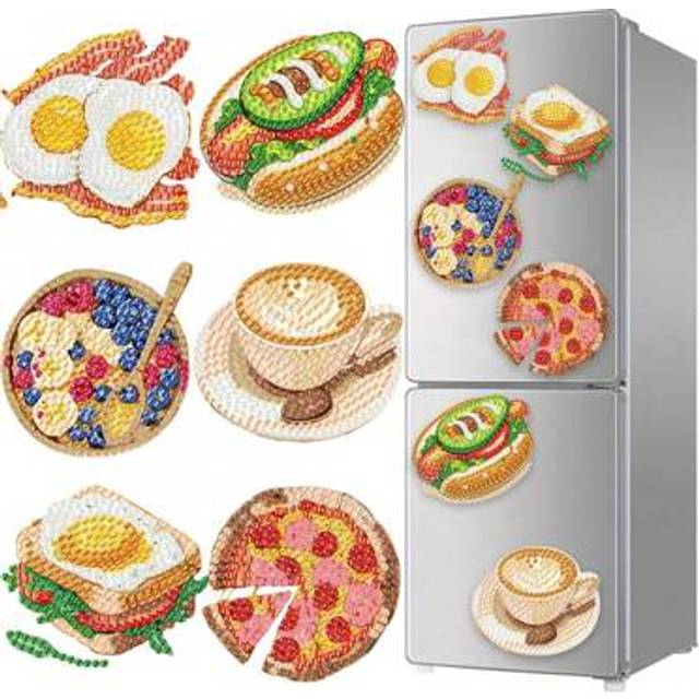 SHEIN 6pcs Diamond Art Fridge Magnets Breakfast Diamond Painting Decoration, DIY Diamond Painting Magnet Kit Suitable For DIY Craft Gift Fridge Mailbox Deco