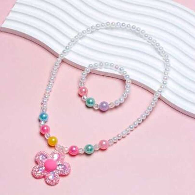 SHEIN 2pcs Girls&#39; Lovely Flower Pendant Beaded Necklace And Bracelet Set, Random Colors For Four Seasons