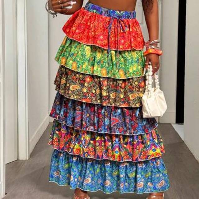 Slaydiva New Arrival Summer Beach Vacation Boho Style Printed Long Skirt,Bohemian Clothes