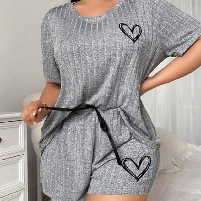 SHEIN Simplistic Heart Print Knitted Ribbed Comfy Lounge Sleepwear Set